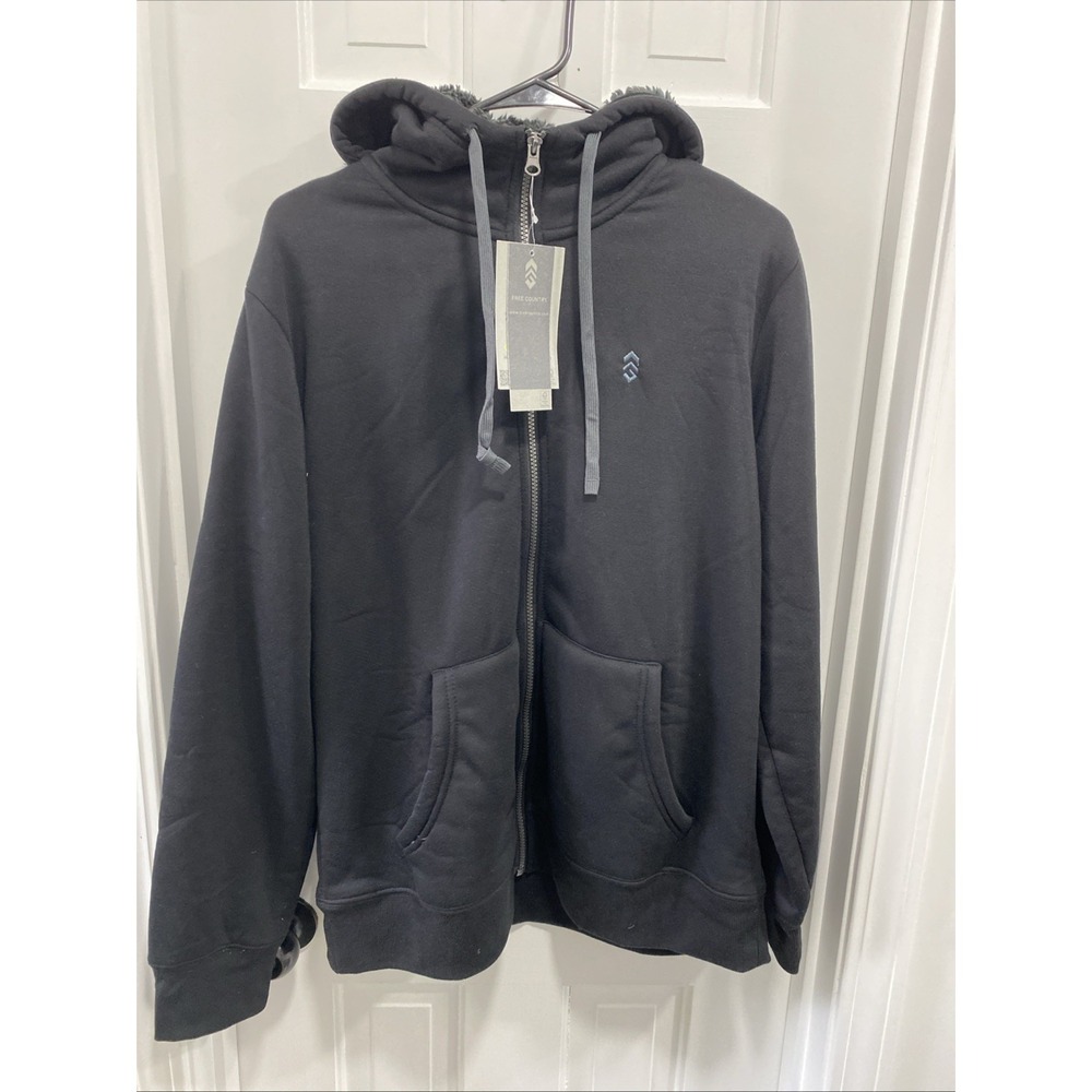 NWT Free Country Black Sherpa Lined Fleece Full Zip Hoodie Jacket Black Size Med